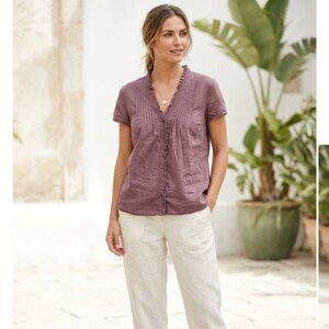 Eddie Bauer Plum Ruffle Pintuck V-Neck Blouse - Size Large